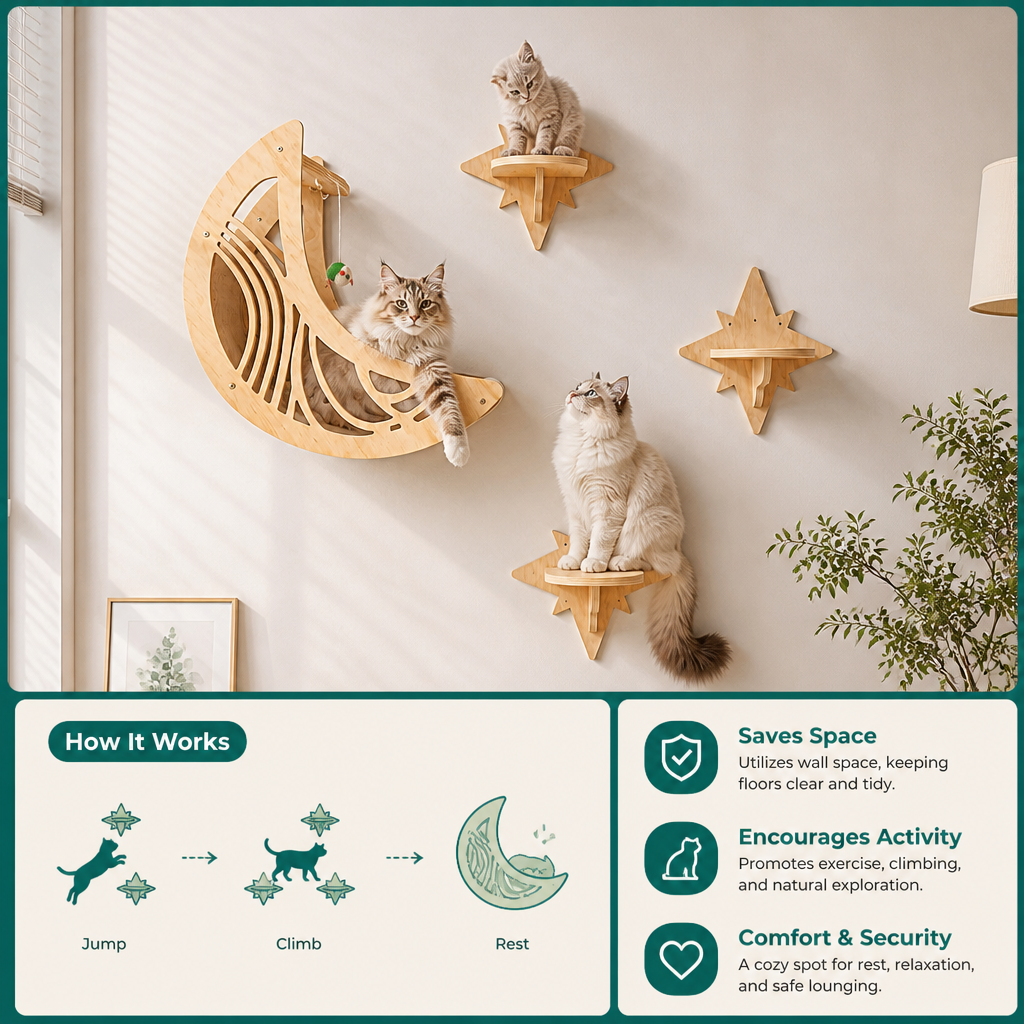 Modern Wooden Moon & Star Wall-Mounted Cat Climbing Shelves & Bed Set