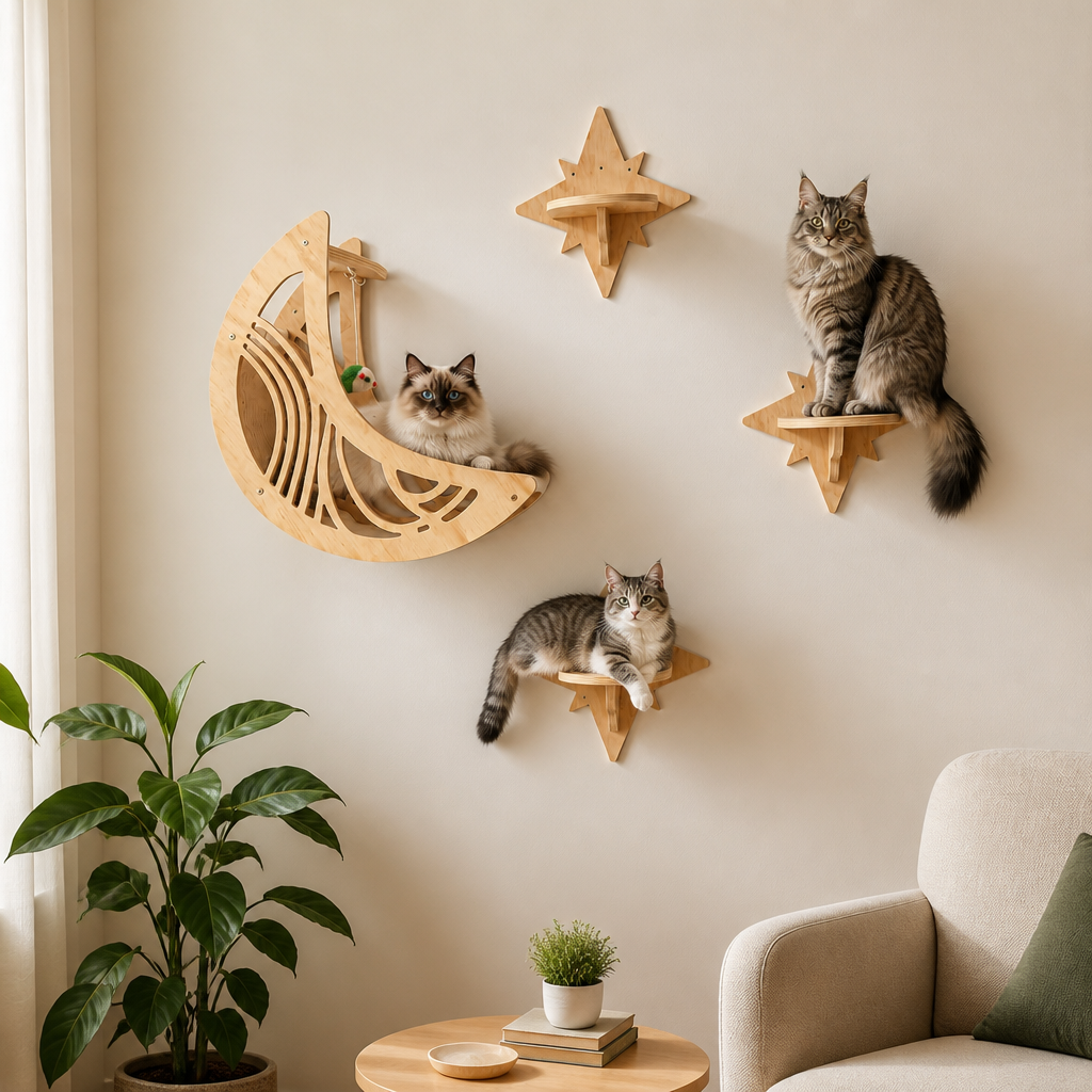 Modern Wooden Moon & Star Wall-Mounted Cat Climbing Shelves & Bed Set