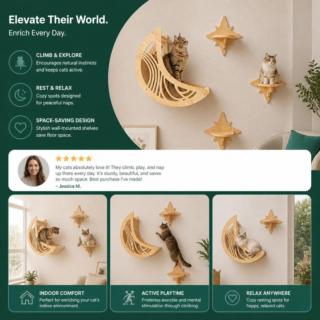 Modern Wooden Moon & Star Wall-Mounted Cat Climbing Shelves & Bed Set