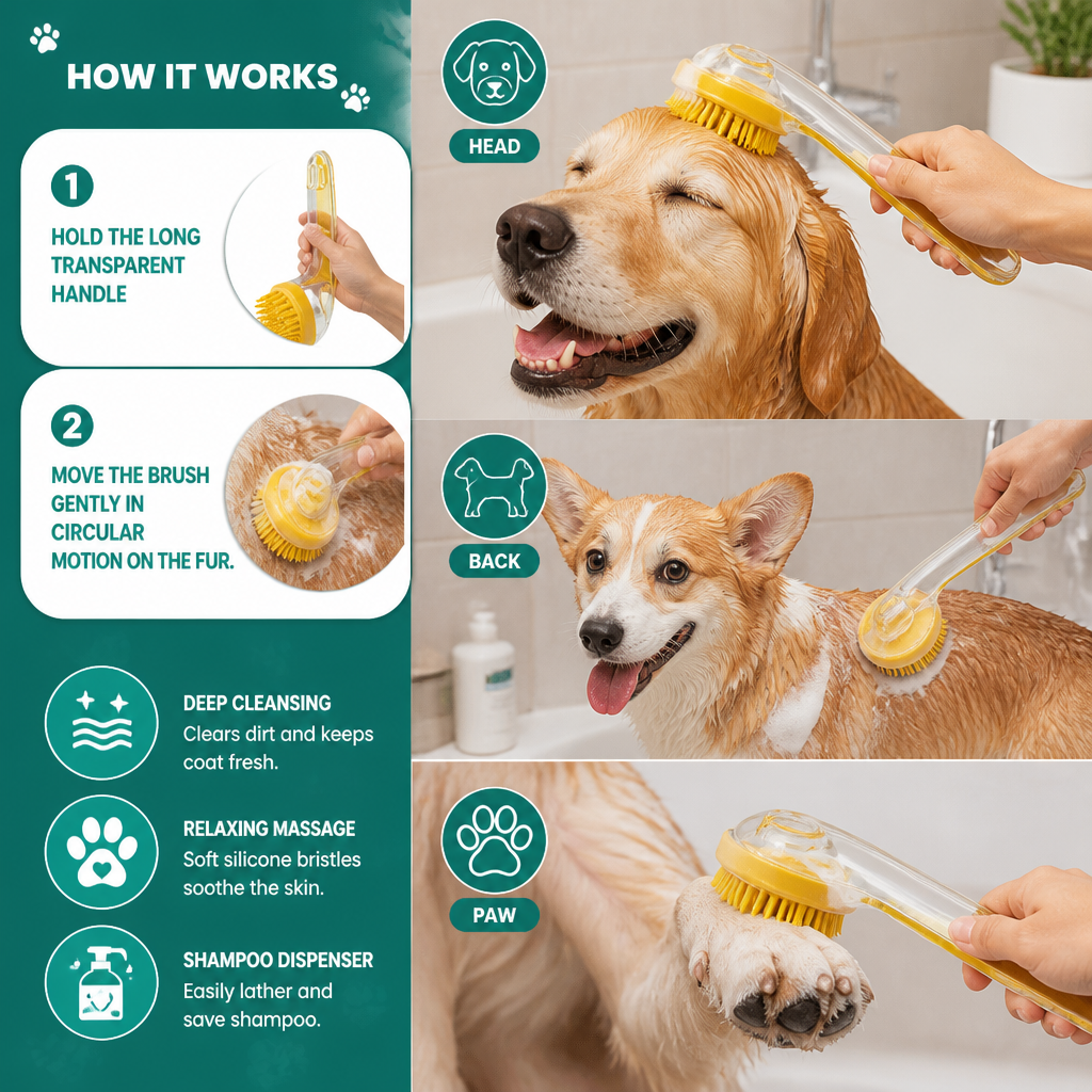 2-in-1 Silicone Pet Bath & Massage Brush with Shampoo Dispenser