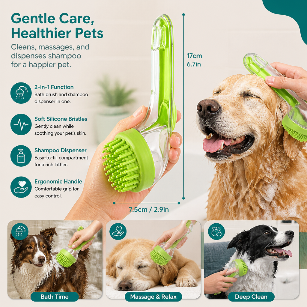 2-in-1 Silicone Pet Bath & Massage Brush with Shampoo Dispenser