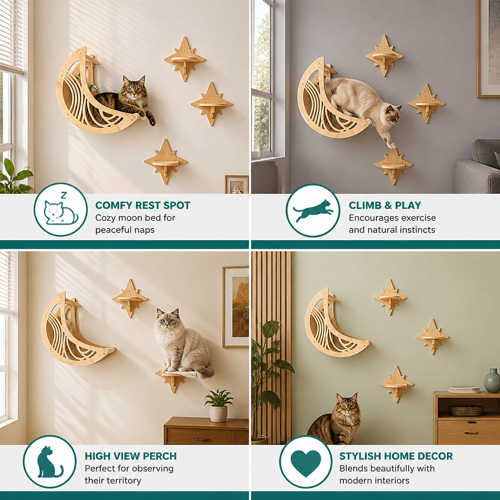 Modern Wooden Moon & Star Wall-Mounted Cat Climbing Shelves & Bed Set