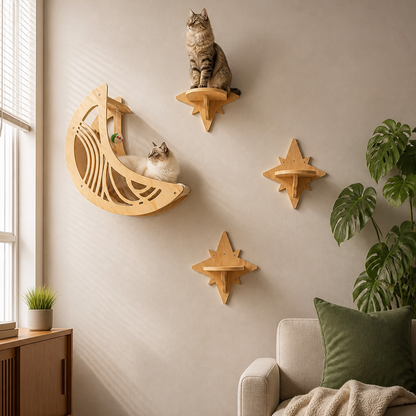 Modern Wooden Moon & Star Wall-Mounted Cat Climbing Shelves & Bed Set