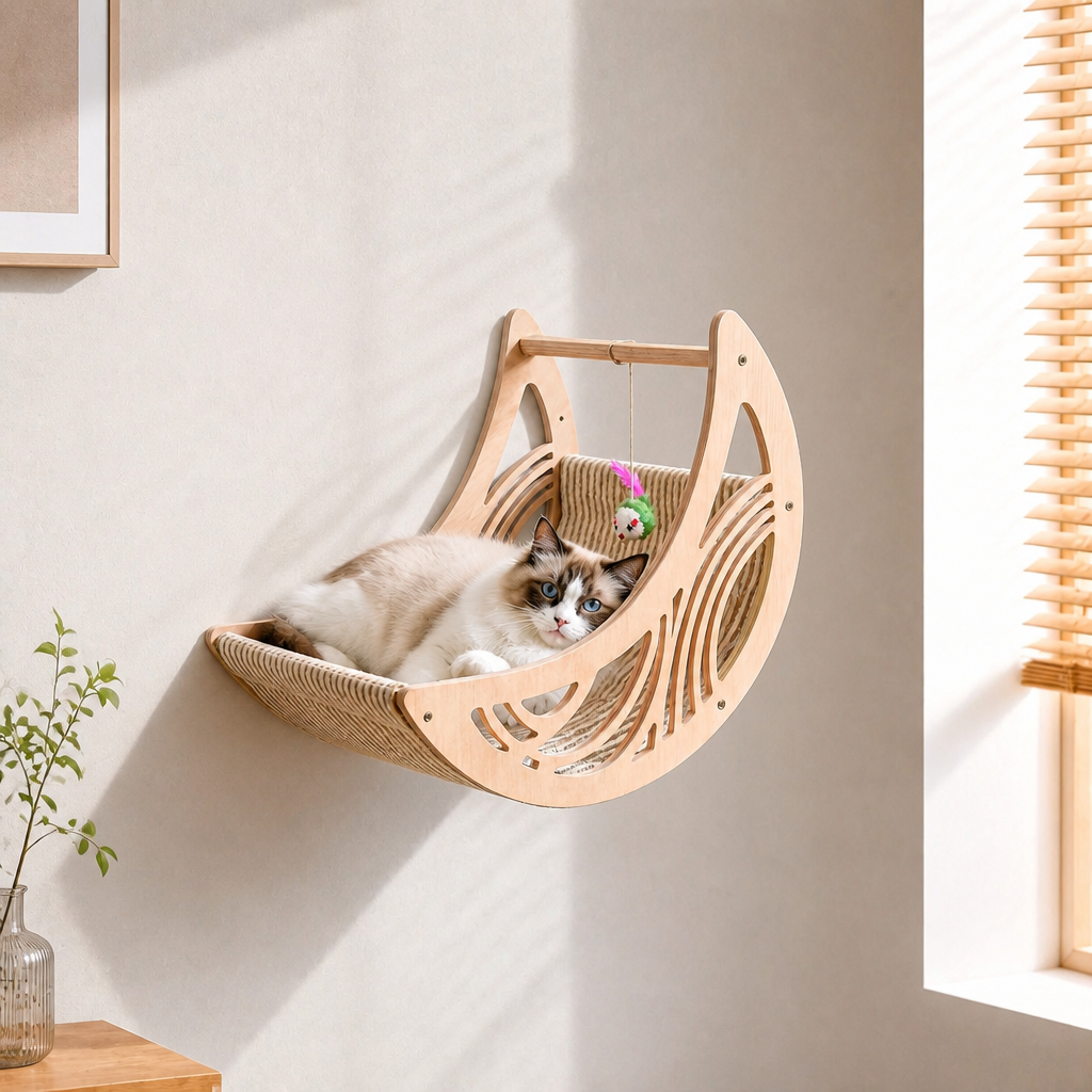Modern Wooden Moon & Star Wall-Mounted Cat Climbing Shelves & Bed Set