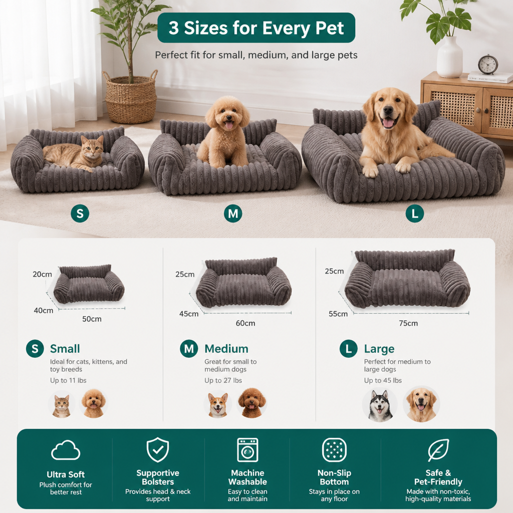 Fluffy Cloud Pet Sofa Bed with Soft Bolsters & Washable Cover
