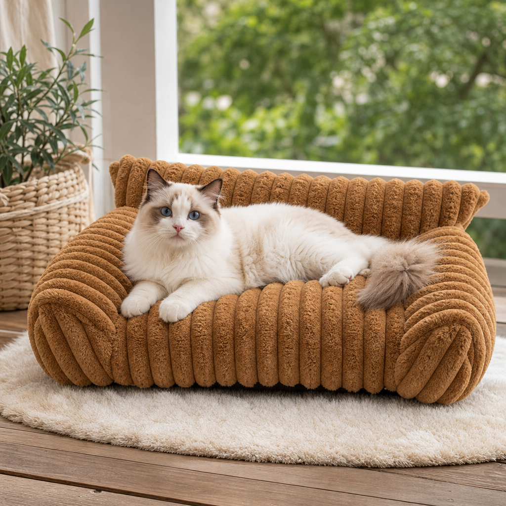 Fluffy Cloud Pet Sofa Bed with Soft Bolsters & Washable Cover