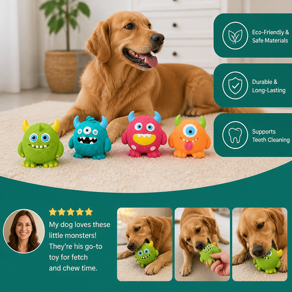 Durable Eco-Friendly Monster Teeth Cleaning Latex Squeaky Dog Toy