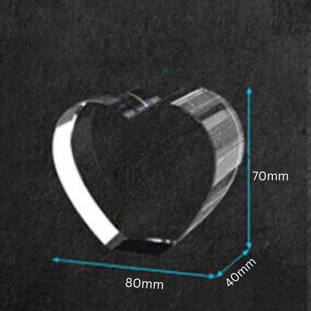 Custom 2D/3D Crystal Souvenir with Laser Engraving in the Shape of a Heart.