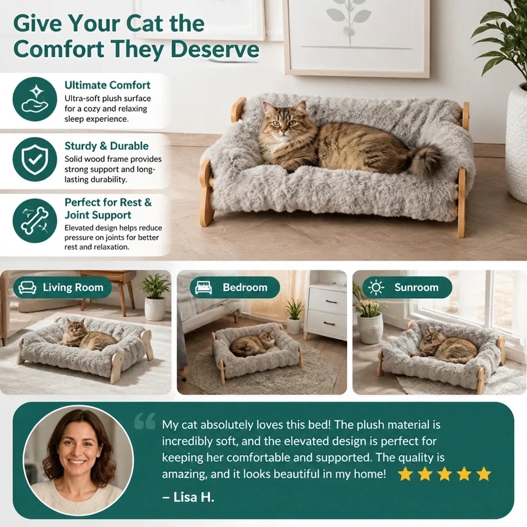 Luxury Elevated Solid Wood Cat Couch Bed